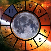 The Moon shown within a Astrological House wheel highlighting the 11th House